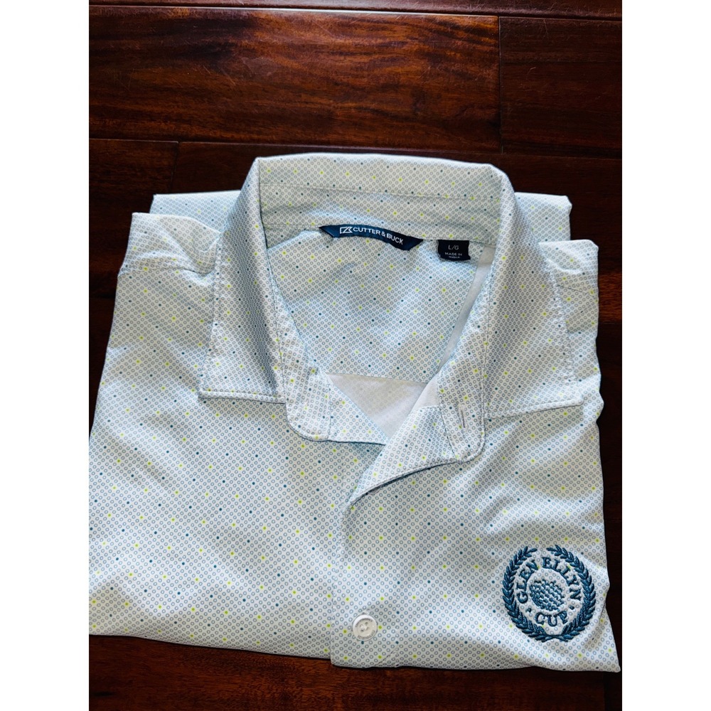 Cutter & Buck Polo Shirt Mens Lg White‎ Blue Glen Ellyn Cup Golf Short Sleeve